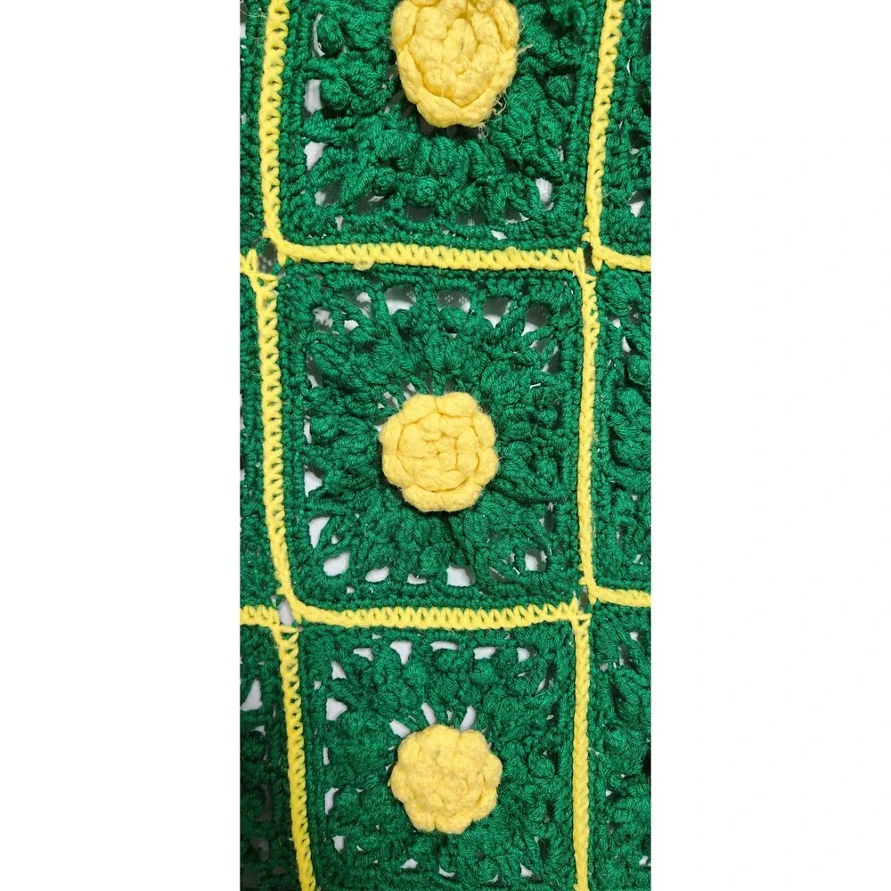 Vintage Handmade Crochet Granny Square Afghan‎ Blanket Green Yellow Floral Throw